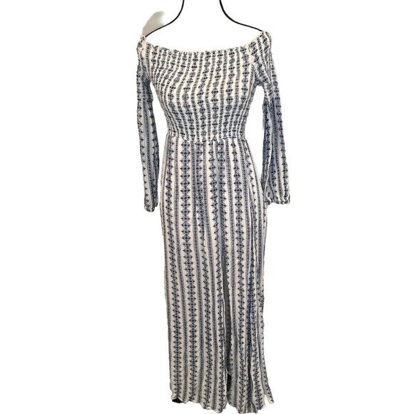 Altard State WHITE BLUE Rayon Maxi Dress Cinch Top Off Shoulder Slit Sz Med - Picture 1 of 9